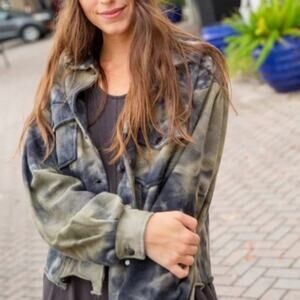 Natural Life Tie Dye Shacket Jacket Green Black 100% Cotton Button Medium Grunge